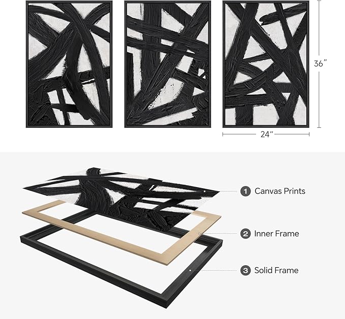 Framed Black and White Abstract Wall Art for Living Room, 3 Piece Modern Canvas Prints Artwork for Walls, Large Minimalist Lines Paintings for Bedroom, Kitchen, Office, Hallway Wall Decor, 24x36 Inch
