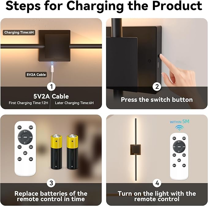 Torchlet Battery Operated Wall Sconce with Remote Control, Dimmable Wall Sconces Set of Two with DIY Independently Rotatable Lamp, 3000K-6000K LED Wall Lights for Living Room, Bedroom, 28.3In, 2 Pack