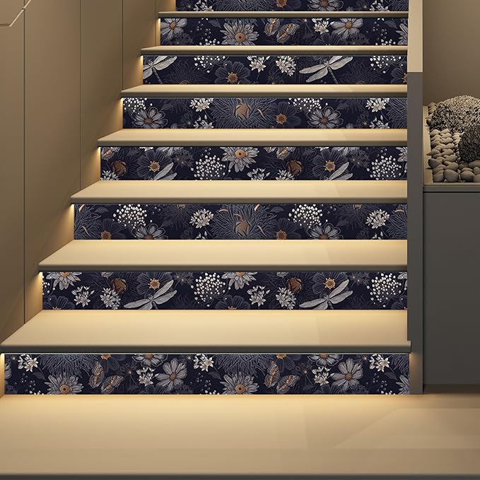 Navy Blue/Gold Floral Peel and Stick Wallpaper With Wildflowers, Butterflies and Dragonflies - Self Adhesive Vintage Contact Paper, Removable Decorative Vinyl, Easy Peel Off - 17.71" X 118.1"