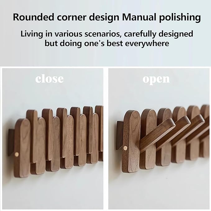 Wall Mounted Piano Key Hanger | Flip Style Hook | Entrance Wall Art Hook, Made of Oak Wood (3 Times Painted, 4 Times Polished) (Arc Walnut, 10Hooks)