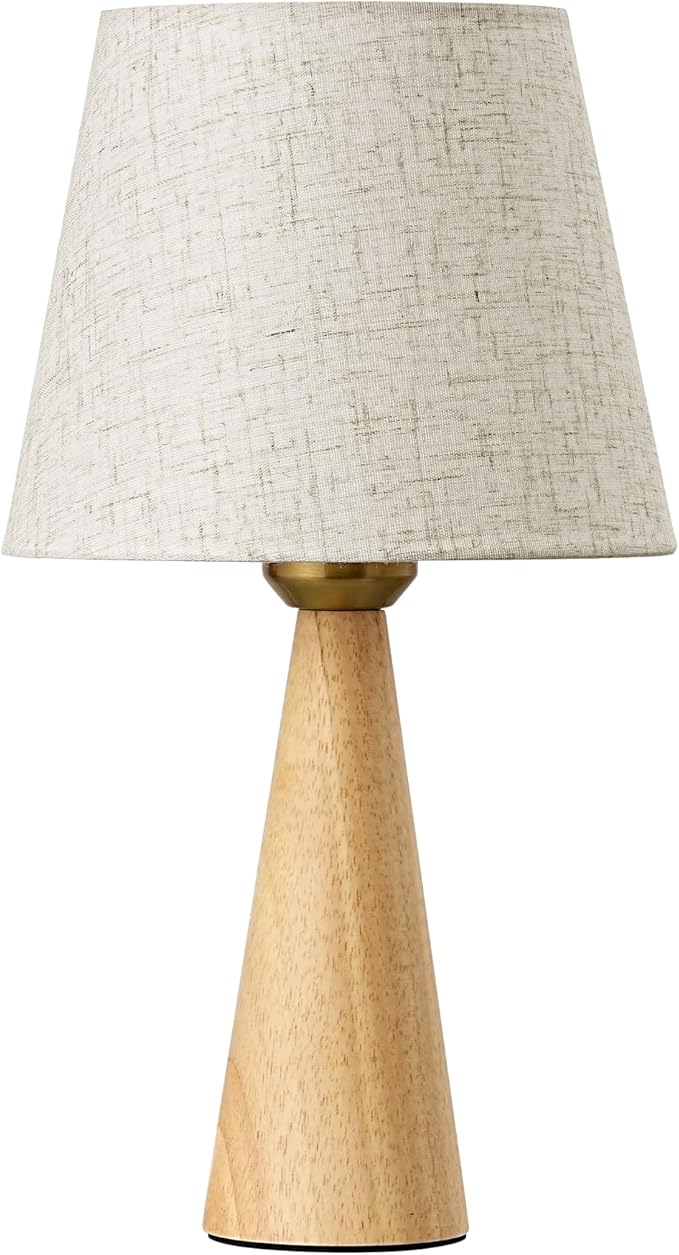 EDISHINE 13.58" Small Cute Table Lamp, Wooden Base Bedside Lamp with Beige Linen Lampshade, Space-Saving Nightstand Lamp for Nursery Bedroom Living Room, E26, ON-Off Button, Burlywood Base