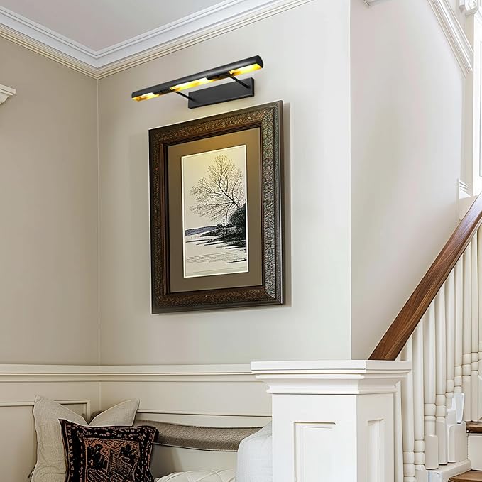 Matte Black Picture Lights for Wall, 24" Art Light Hardwired, 3-Light Bronze Gallery Light, Warm White 2700k Dimmable Picture Frame Lights, 270° Vanity Light for Bathroom, Living Room, Hallway