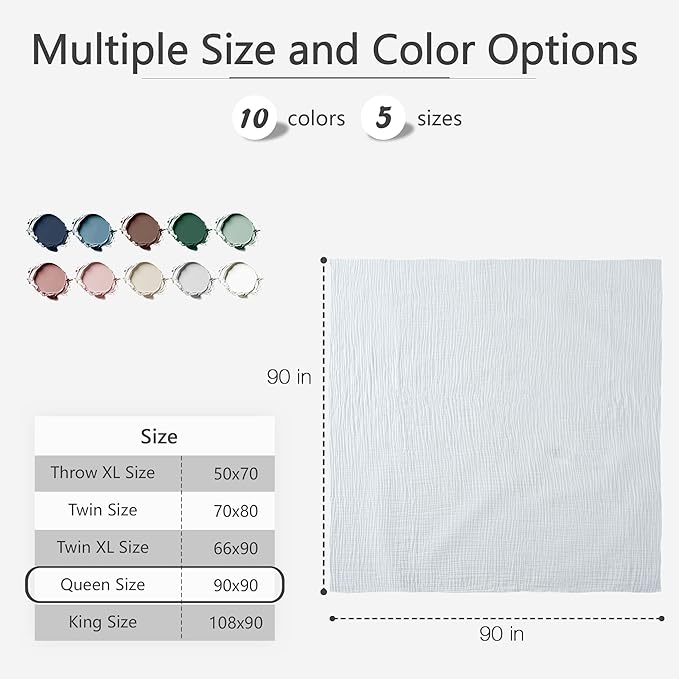 Carriediosa 100% Cotton Muslin Throw Blanket 90" X 90" Queen Size,4-Layers Summer Gauze Throws for Bed Couch,Soft Lightweight Breathable Linen Blankets Bedspread for Adults All Season,White