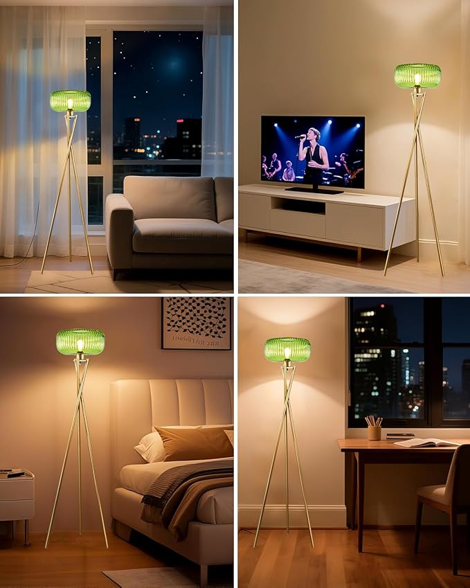 Lightdot Glass Tripod Floor Lamp for Living Room, Modern Gold Standing Lamp with Green Ribbed Glass Lampshade, Arc Tall Lamp for Bedroom Office Reading Room, (LED Bulb Included)