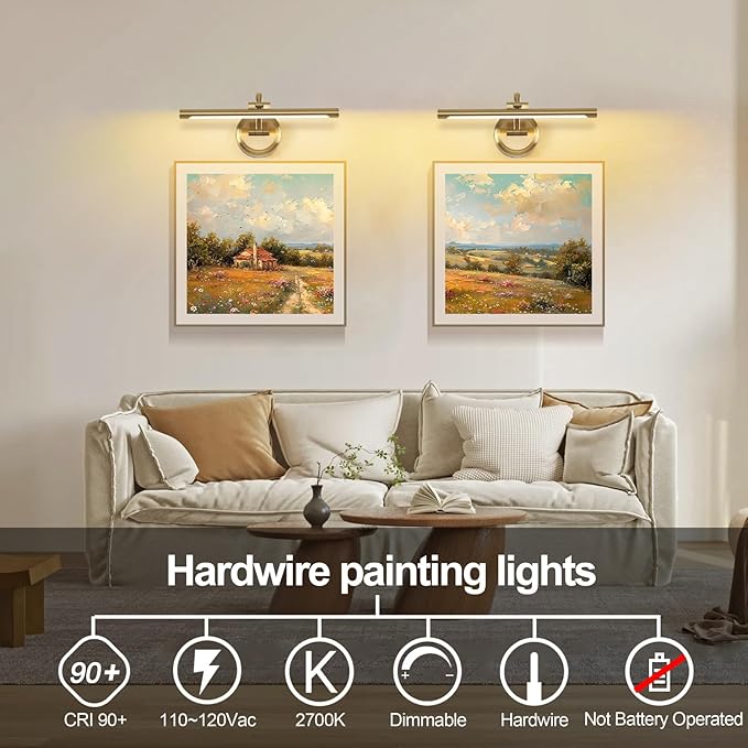 Modern Dimmable Picture Lights for Wall 15.75 Inch Hard-Wired LED Picture Frame Lights for Paintings Gallery Light with Adjustable Swing Arm Display Lights For Artwork, 7W, 2700K, Warm White - Brass
