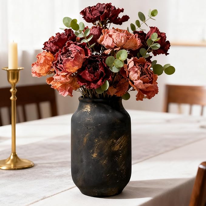 Rustic Ceramic Farmhouse Flower Large Vase, Whitewashed Terra Cotta Vase, Pottery Decorative Flower for Home Decor, Table, Living Room Decoration, Shelf Decor, Mantel, 9.5 Inch, Bronze