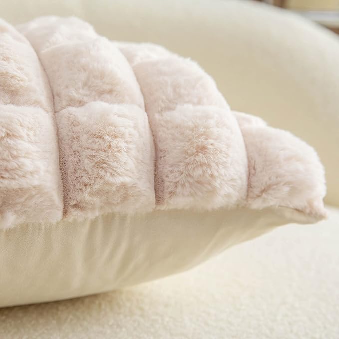 Neelvin Beige Faux Fur Cozy Soft Plaid Decorative Throw Pillow Covers 20x20 inch Set of 2,Velvet Pillowcase Cushion Case for Sofa Couch