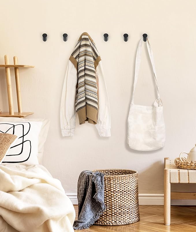 Wood Wall Hooks for Hanging, 6 Pack Hat Hook for Walls, Coat Hook Wall Mount, Backpack Hooks for Walls, Bathroom Towel Hanger (Black)