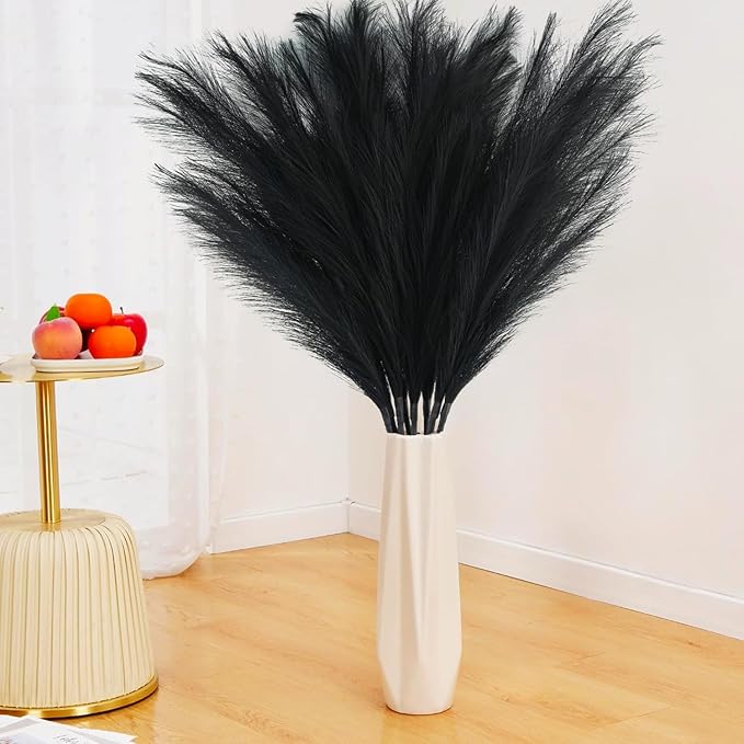 35" Faux Pampas Grass Decor, 8pcs Large Tall Fluffy Artificial Pompous Grass Branches Floral Fake Pompas Grass Bulrush Floor Vase Filler Flower Arrangement for Home Wedding Boho Decor Black