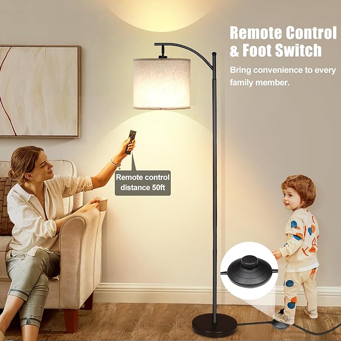 LED Floor Lamps for Living Room, 12W Modern Arc Floor Lamp with Remote & Adjustable Linen Lampshade, Stepless Dimmable Tall Standing Lamp for Bedroom Office Reading (Grey Shade)