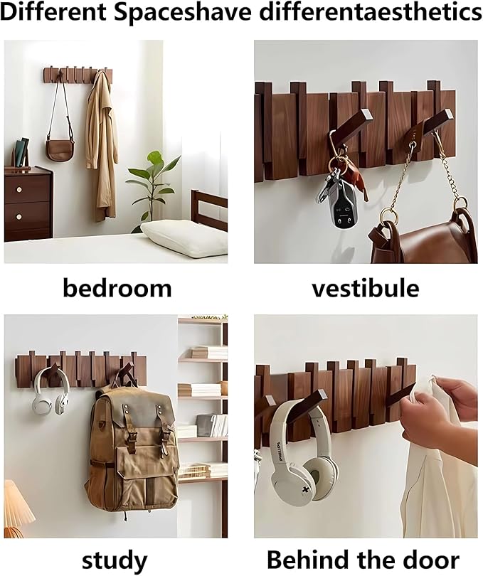 Wall Mounted Piano Key Hanger | Flip Style Hook | Entrance Wall Art Hook, Made of Oak Wood (3 Times Painted, 4 Times Polished) (Arc Walnut-Beech, 8Hooks)