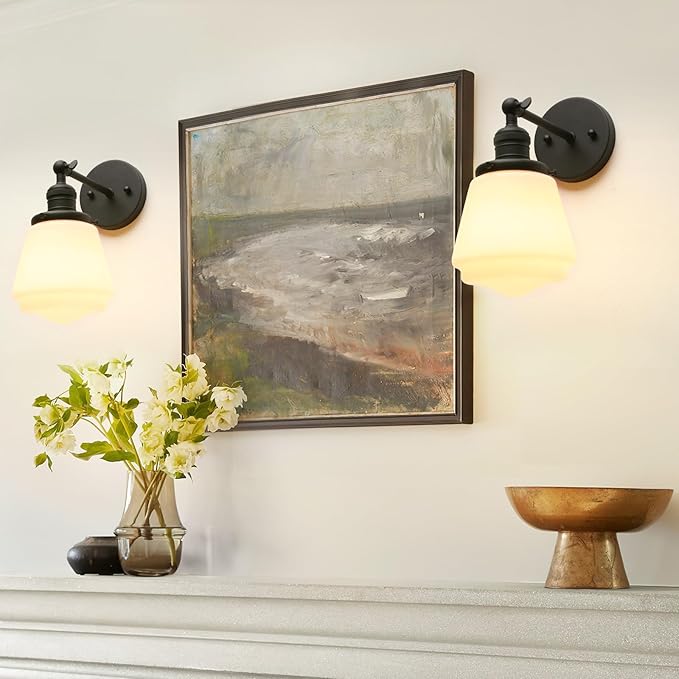 1-Light Vintage Wall Sconce Light Fixture with Milk White Glass Shade, Industrial Indoor Wall Lamp for Living Room Bedroom Bathroom Over Kitchen Sink