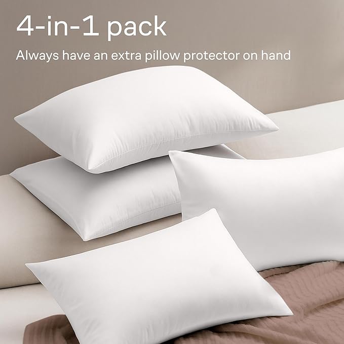 Ultra Soft Pillow Protectors with Zipper Queen Size - Set of 4 Breathable Pillow Covers - 100% Protection Against Stains, Dust & Dirt - Machine Washable (White)