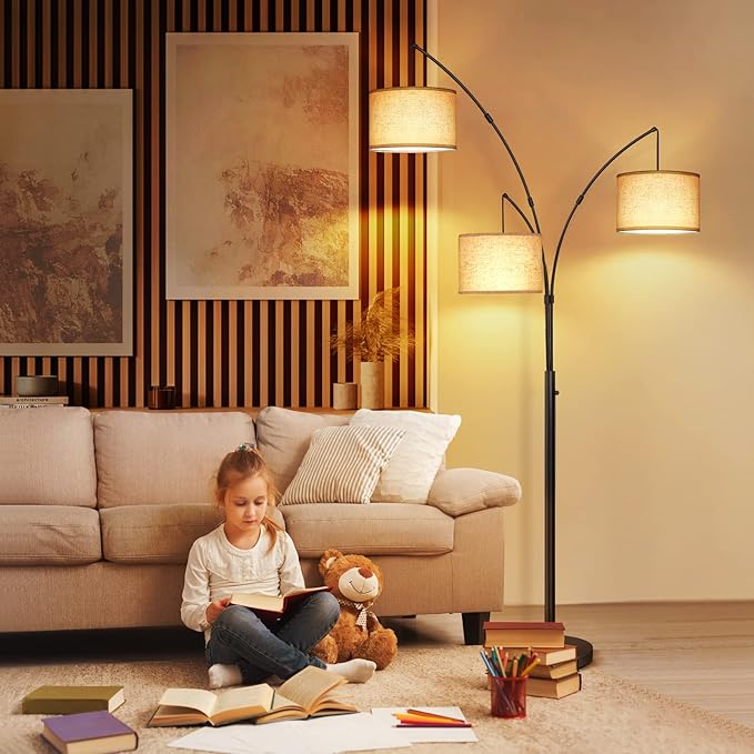 OUTON Arc Led Floor Lamp, Modern 3 Light Arched Tall Floor Lamps for Living Room, Mid Century Adjustable Standing Corner Lamps for Bedroom Office, 3 LED Bulbs Included, Beige Lampshade