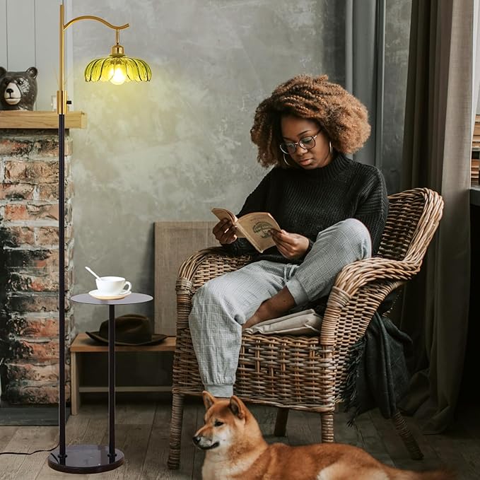 Vintage Dimmable Arc Floor Lamp with Side Table and Marble Base, Farmhouse Standing lamp with Green Glass Lampshades for Living Room Bedroom