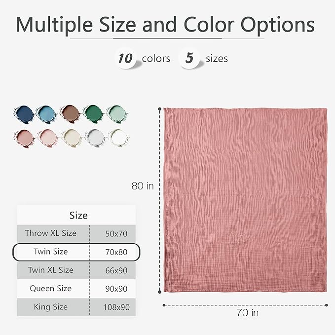 Carriediosa 100% Cotton Muslin Throw Blanket 70" X 80" Twin Size,4-Layers Summer Gauze Throws for Bed Couch,Soft Lightweight Breathable Linen Blankets Bedspread for Adults All Season,Mauve