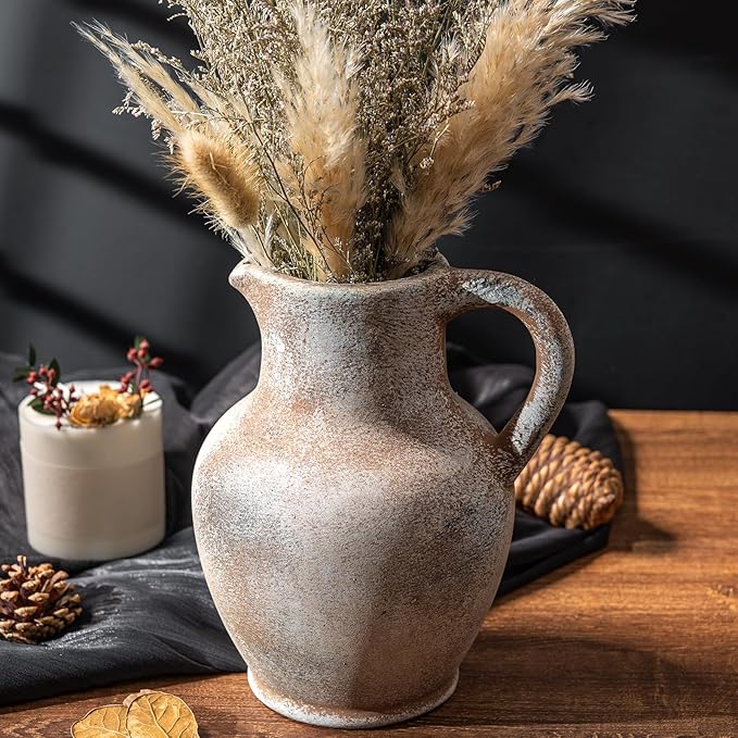 Ceramic Rustic Farmhouse Vase with Handle, Terracotta Vase, Minimalist Decorative Vases for Home Decor, Table, Living Room, Shelf, Christmas Decoration(Terra)