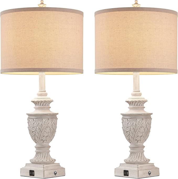 Farmhouse 3-Way Dimmable Touch Table Lamp Set of 2 for Bedroom Living Room with USB A+C Charging Ports 28" Tall Rustic Traditional Nightstand Bedside Lamps White End Table Lamp (2 Bulbs Included)