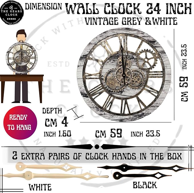 ImprovingLife The Gears Clock The Original Real Moving Gear Wall Clock Vintage Industrial Oversized Rustic Farmhouse (24 inch (60cm), Vintage Grey and White)