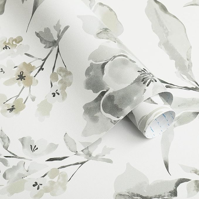 Vinjiasin Wallpaper Peel and Stick Black and White Ink Floral Contact Paper Vintage Flower Leaf Wall Paper for Bathroom Bedroom Self Adhesive Removable 16.1"x 118"