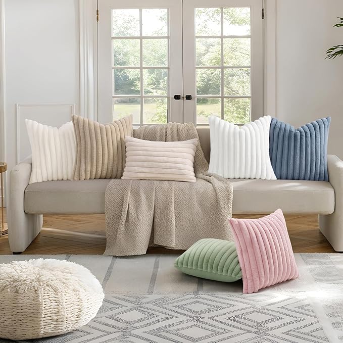 decorUhome Faux Fur Christmas Throw Pillow Covers 22x22 Set of 2, Decorative Soft Plush Striped Neutral Couch Euro Pillow Covers with Velvet Back for Sofa, Bed, Living Room Home Decor, White