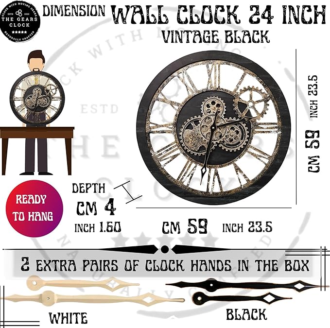 ImprovingLife The Gears Clock The Original Real Moving Gear Wall Clock Vintage Industrial Oversized Rustic Farmhouse (24 inch (60cm), Vintage Black Wood and Bronze)
