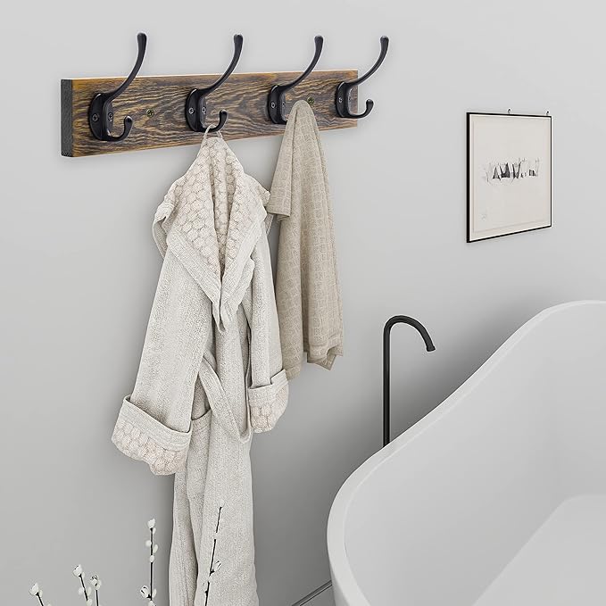 IBosins Wall Mounted Coat Rack, 2 Pack Metal Wood Coat Rack with 8 Black Rustic Hooks for Scarf, Bag, Towel, Key, Cap, Cup, Hat