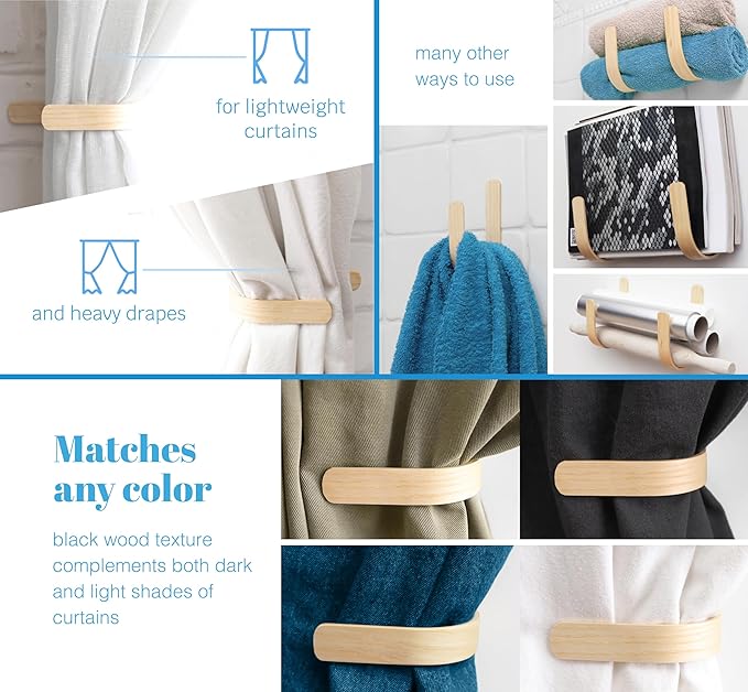 Wood Curtain Holdbacks - Set of 2 Modern Farmhouse Holdback for Drapes, Hooks for Walls, Curtains Tiebacks Wall Mount, Wooden Curtain Pullbacks Hook, Drapery Holders, Home Decor