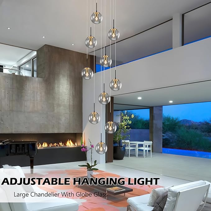 KoKo&Yukina Gold 10-Light Chandelier Modern Stairwell Lighting Adjustable Globe Cluster Lights with Grey Glass for Staircase