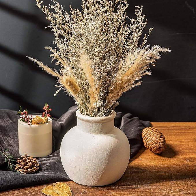 Ceramic Rustic Farmhouse Vase | 6 Inch Pottery Decorative Flower for Home Decor | Boho Vase | Terracotta for Table, Living Room, Bathroom Decoration, Shelf Decor, Mantel, White