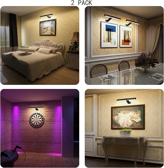 Picture Lights for Wall Art Rechargeable 5000mAh,Remote,Painting Light for Gallery, 3 Lighing Color Dimmable ,Full Metal Magnetic ,Wall Light for Artwork Frame Poster Canvas Dartboard Mirror Set of 2