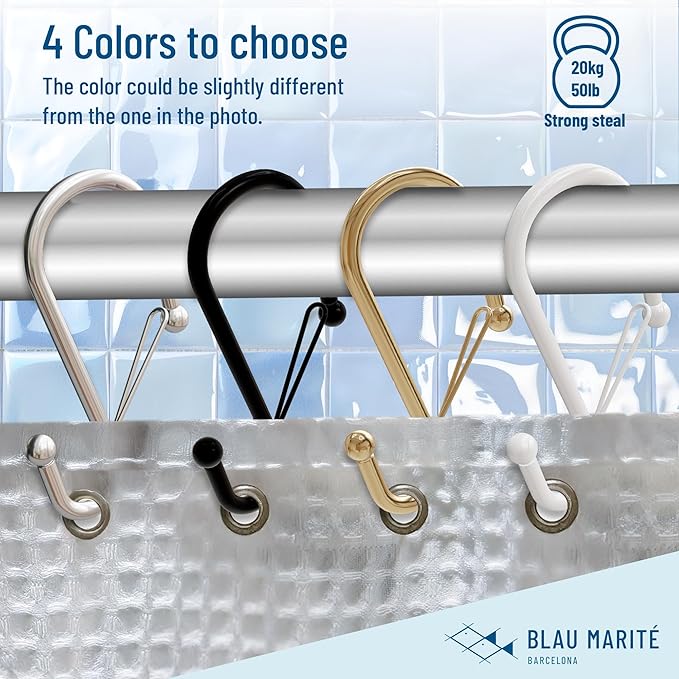 Set of 12 Black Metal S Hook Shower Hooks 1” – Closed, Heavy Duty, Long Decorative Shower Curtain Hooks, Easy Glide, Buckle, Large Rust Resistant Rings for Bathroom Rods (Black, S)