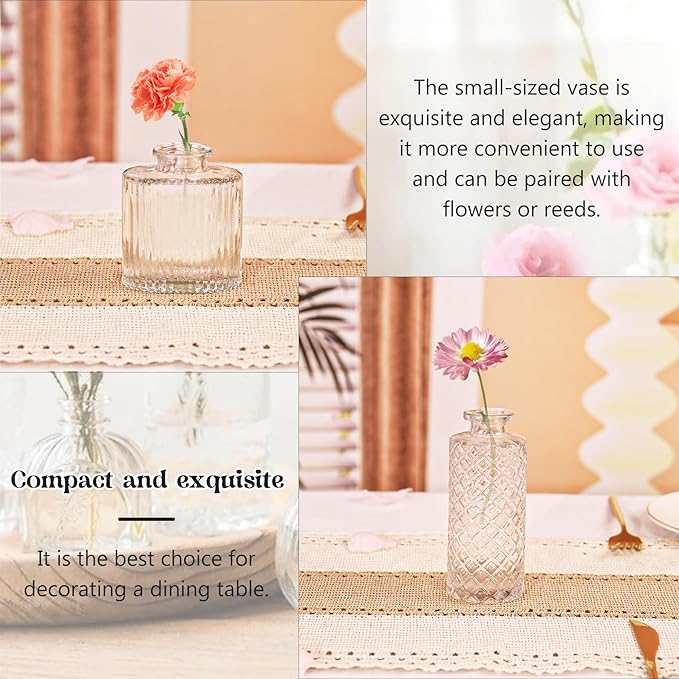 Set of 4 Glass Bud Vase Set, Small Vintage Clear Flower Vase Centerpieces for Table Bulk Cute Rustic Style Mini Vase for Home Decor Wedding Baby Shower Birthday Party