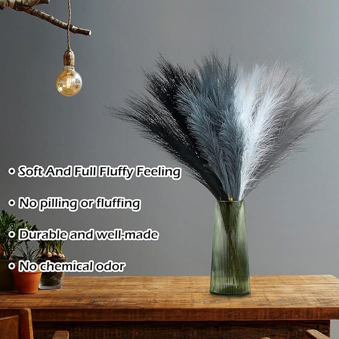 80 Pcs Pampas Grass Decor 21.7" Fluffy Black White Grey Faux Short Pampas Grass Artificial Small Pompas Grass Flower Vase Filler for Home Wedding Decoration