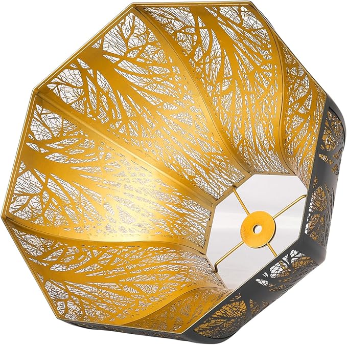 Etched Forest Large Metal Lampshade 5.32 X 13 X 9.5 Inch 8-petal Lotus Shape Fits for Floor Lamp Table Lamp for Living Room Bedroom(Outer Black Inner Gold)