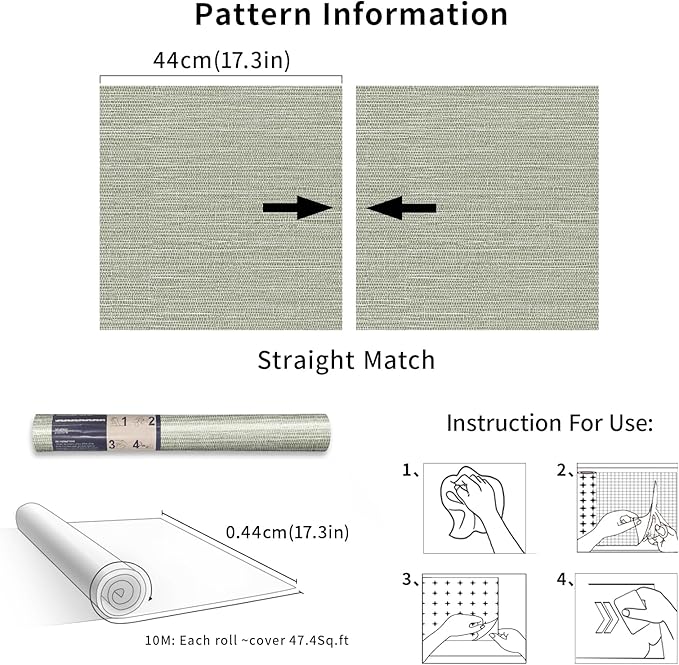 Simon&Siff Green Textured Grasscloth Peel and Stick Wallpaper 17.7"x394" Neutral Faux Grassweave Waterproof Self Adhesive Removable Wallpaper Mural for Home Decor Bedroom Kitchen Cabinet