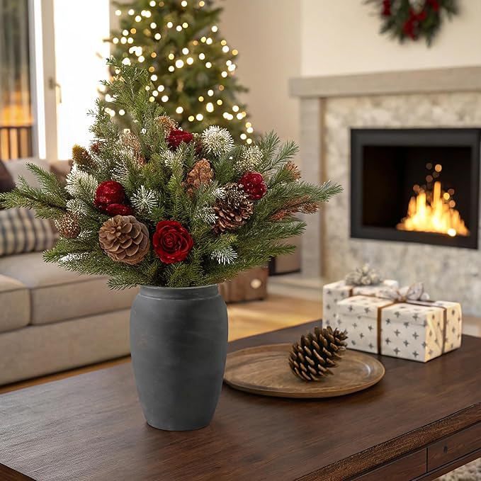 Terracotta Rustic Vase, Farmhouse Decorative Vase Boho Decor, Ceramic Christmas Vases for Home Decor, Table, Living Room, Shelf Decoration, 8.2 Inch