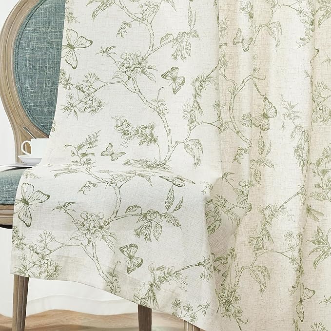 Lazzzy Linen Green Floral Curtains 96 Inch Length Farmhouse Curtain Back Tab Drapes for Living Room Bedroom Light Filtering Vintage Rod Pocket Curtains, 2 Panels, Green on Beige