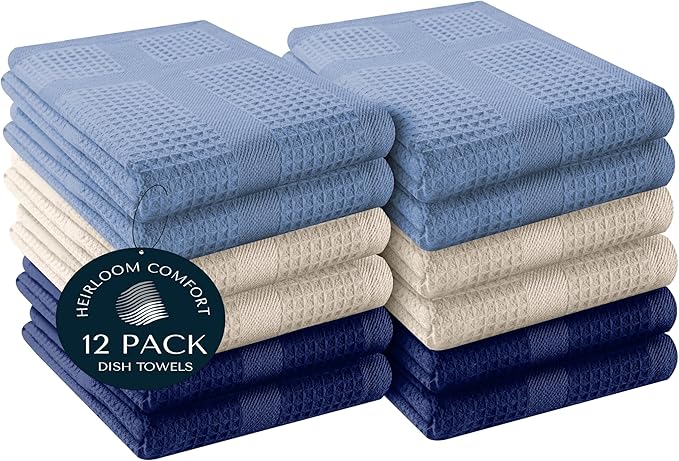 12 Pack Multi Color Waffle Weave Kitchen Towels, 16x26 Inch, 100% Cotton, Super Absorbent, Quick Dry, Hand Towels for Drying Dishes, Cleaning, Durable - Sky Blue, Ivory, Indigo Blue