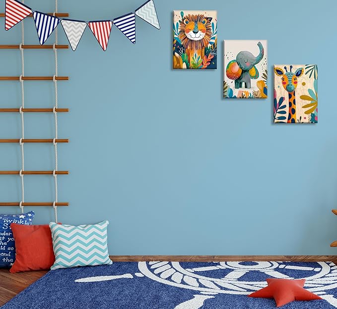 3Pcs Safari Animal Nursery Canvas Wall Art Cute Watercolor Elephant Giraffe Lion Pictures Wall Decor Colorful Jungle Animals Posters Painting Prints for Kids Room Baby Boys and Girls Room, Framed