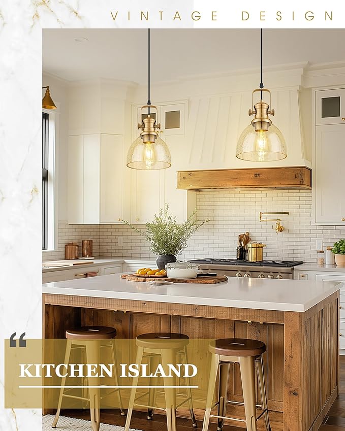 2-Pack Pendant Lights Kitchen Island, 7.5" Farmhouse Pendant Lighting with Amber Seeded Glass Shade, Hanging Light Fixtures for Dining Room, Brushed Gold, AD-22151-1P2-GD-OR