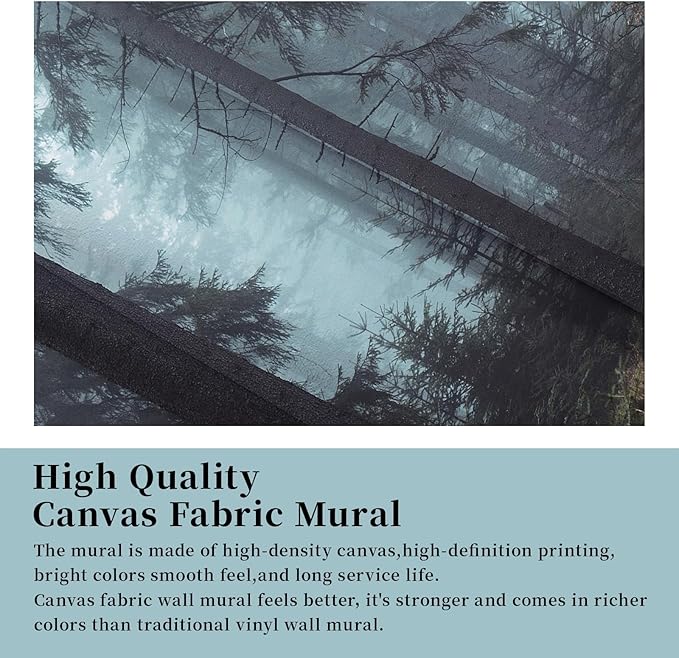 Zeeko Forest Wall Mural Woodland Wallpaper Mural 148" Wx 98" H Foggy Large Peel and Stick Mural Paint Canvas Removable Art Murals for TV Background Bedroom Office, Dark Blue