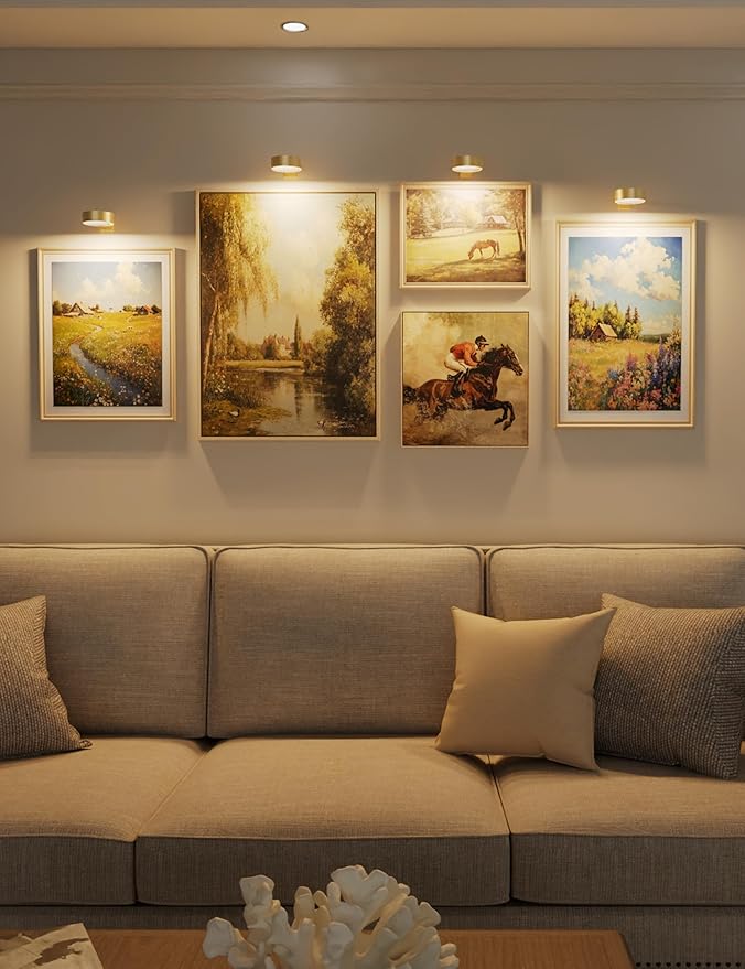 VOLISUN Picture Lights for Wall, 4000mAh Rechargeable Picture Light Battery Operated, 3 Color Temperatures Cordless Picture Light with Remote, Art Light for Painting, Gallery, Portrait, 3 Pack (Gold)