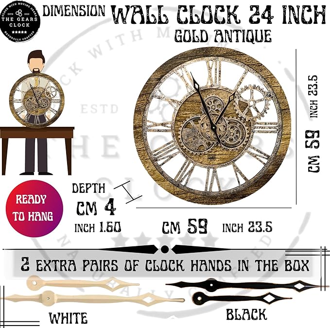 ImprovingLife The Gears Clock The Original Real Moving Gear Wall Clock Vintage Industrial Oversized Rustic Farmhouse (24 inch (60cm),Gold Antique)