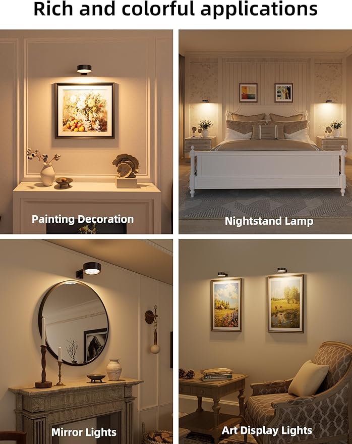 VOLISUN Picture Lights for Wall, 4000mAh Rechargeable Picture Light Battery Operated, 3 Color Temperatures Cordless Picture Light with Remote, Art Light for Painting, Gallery, Portrait, 3 Pack (Black)