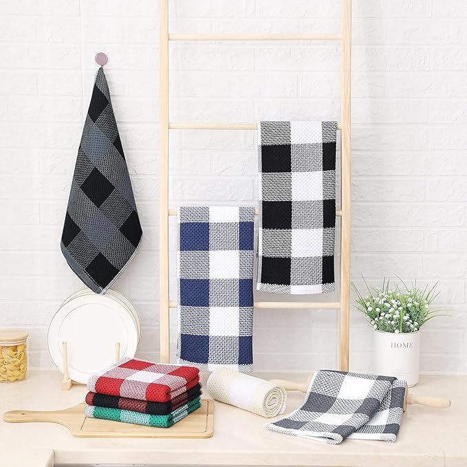 Homaxy 100% Cotton Waffle Weave Check Plaid Kitchen Towels, 13 x 28 Inches, Super Soft and Absorbent Dish Towels for Drying Dishes, 12-Pack, White & Black