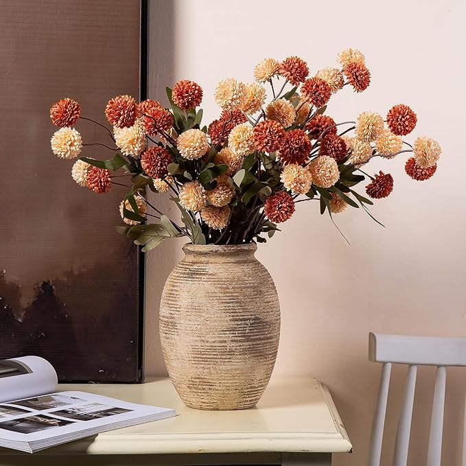 Rustic Ceramic Flower Vase - 8in Vintage erracotta Vase for Home Decor - Christmas Decorative TFlower Bud Vases, Mondern Farmhouse Vase - Living Room Shelf Decor Table, Lyeec