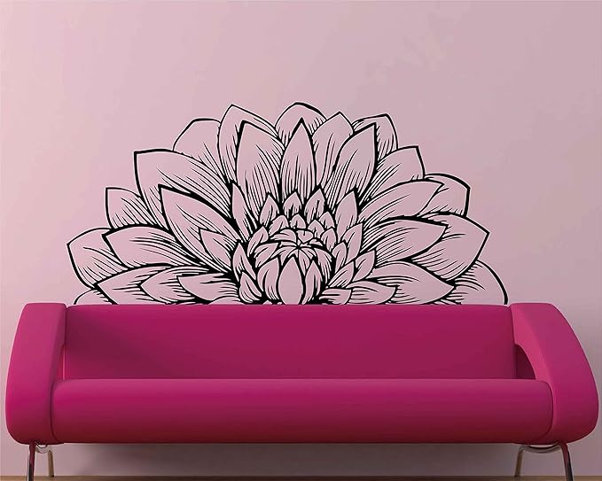 Mandala in Half Dahlia Wall Decal Lotus Flower Interior Home Decor Meditation Mandala Wall Art Stickers BA787 (Black, M-15.7X31.5inch)