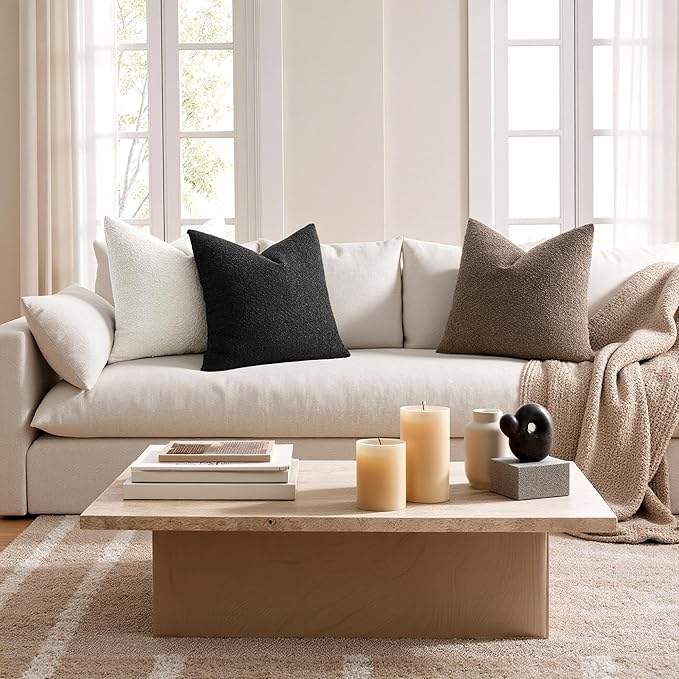 ANRODUO Pack of 2 Textured Boucle Throw Pillow Covers Soft Black Euro Decorative Accent Solid Pillow Cases Cozy Modern Couch Cushion Case for Chair Sofa Bedroom Living Room Home Decor, 22 x 22 Inch