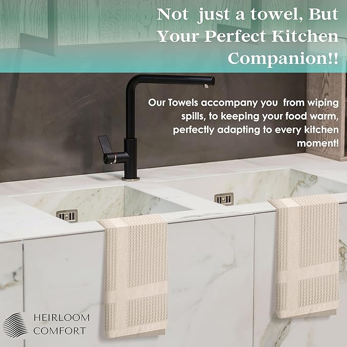 5 Pack Ivory Waffle Weave Kitchen Towels, 16"x26", 100% Cotton, Super Absorbent, Fast Dry, Durable Dishcloth Set for Cleaning, Drying Dishes, Hand Towels, Machine Washable, Cream